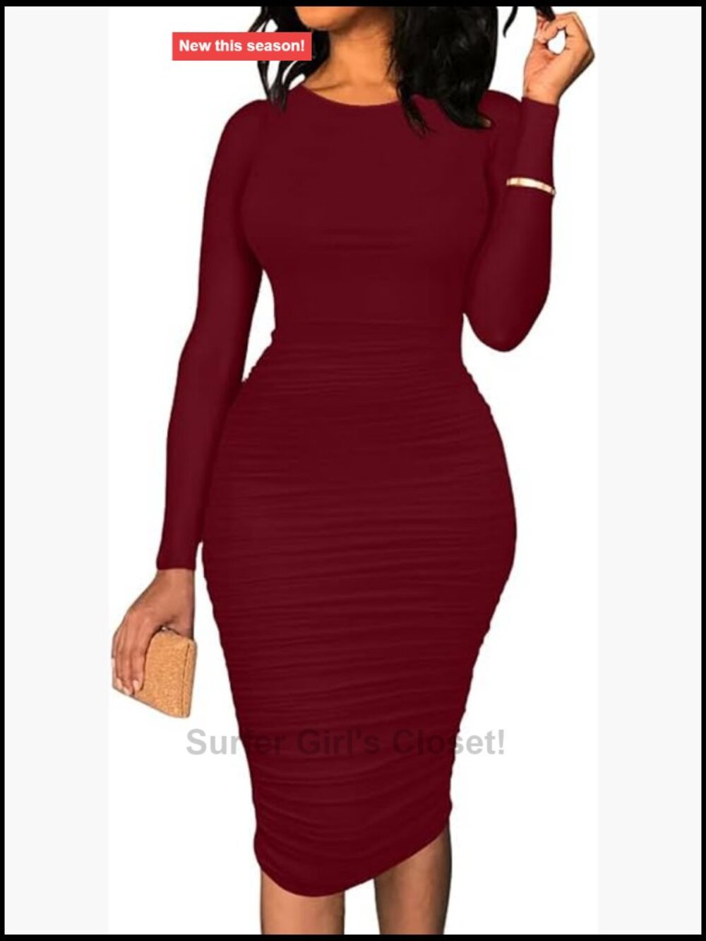 Women's Ruched Long Sleeve Bodycon Midi Dress with Back Zipper